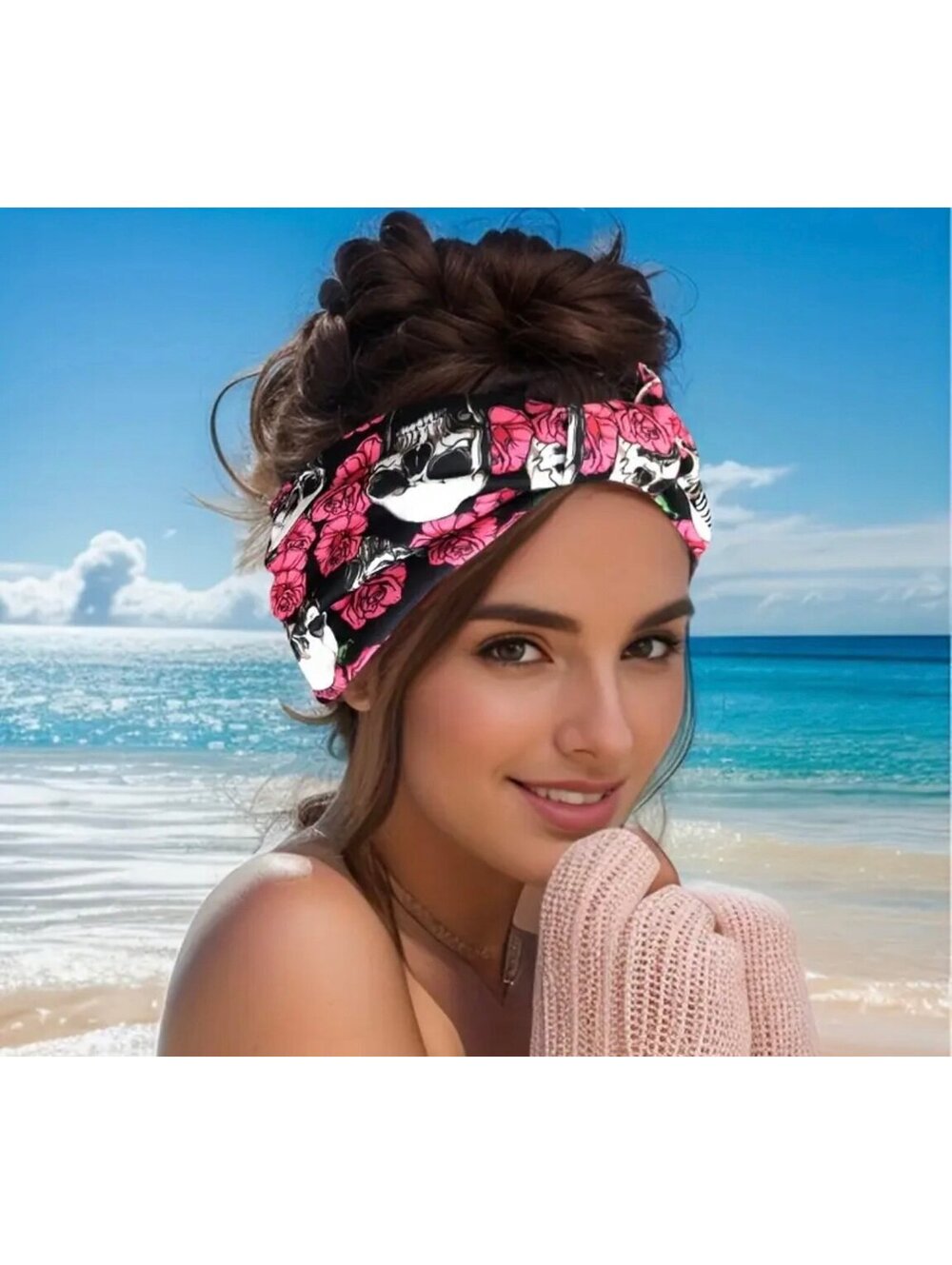 New - Chic - Skull Pattern Wide Brimmed
Headband - Pink /Black/White